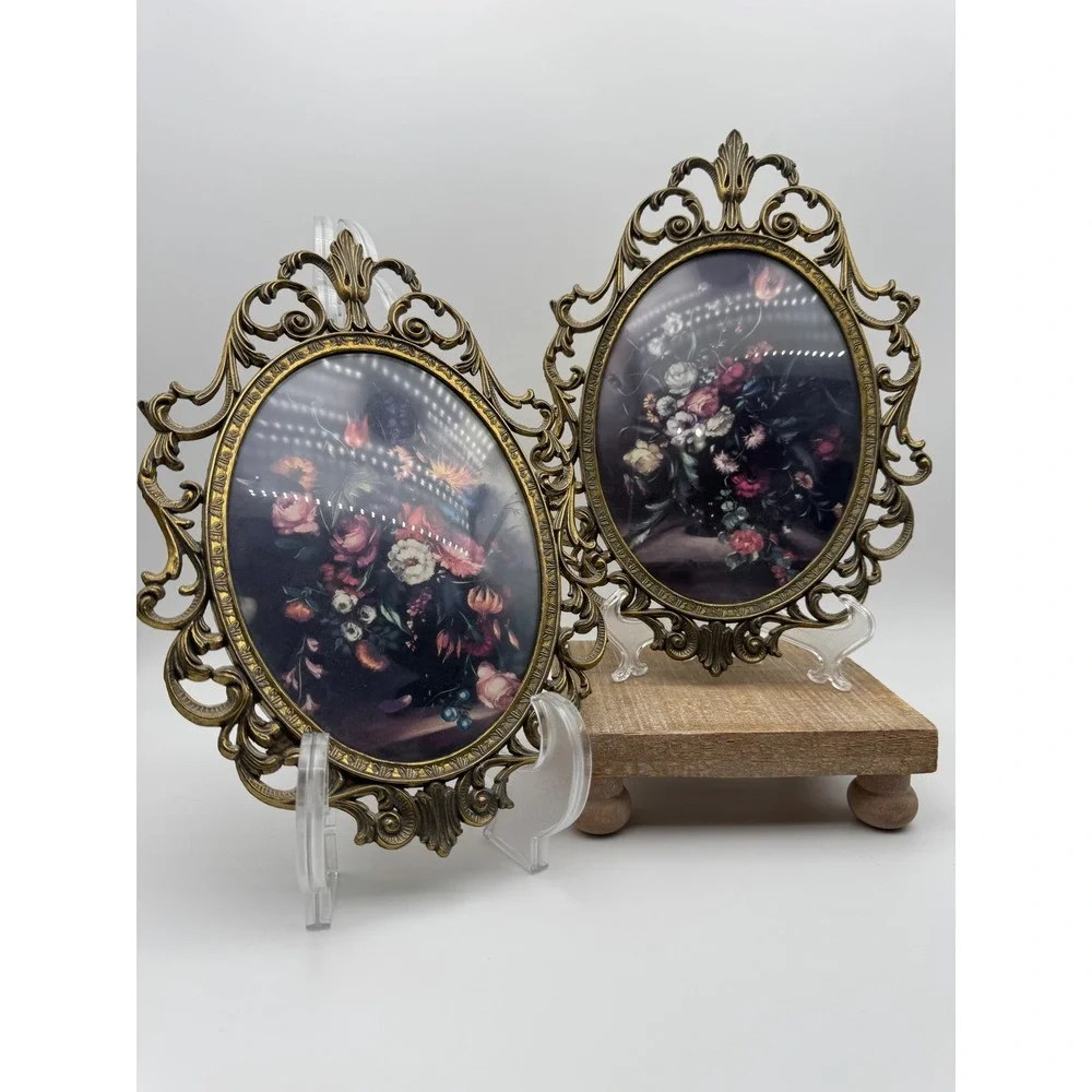 Vintage Italy Brass Ornate Floral Print Oval Frames Convex Glass Set of 2